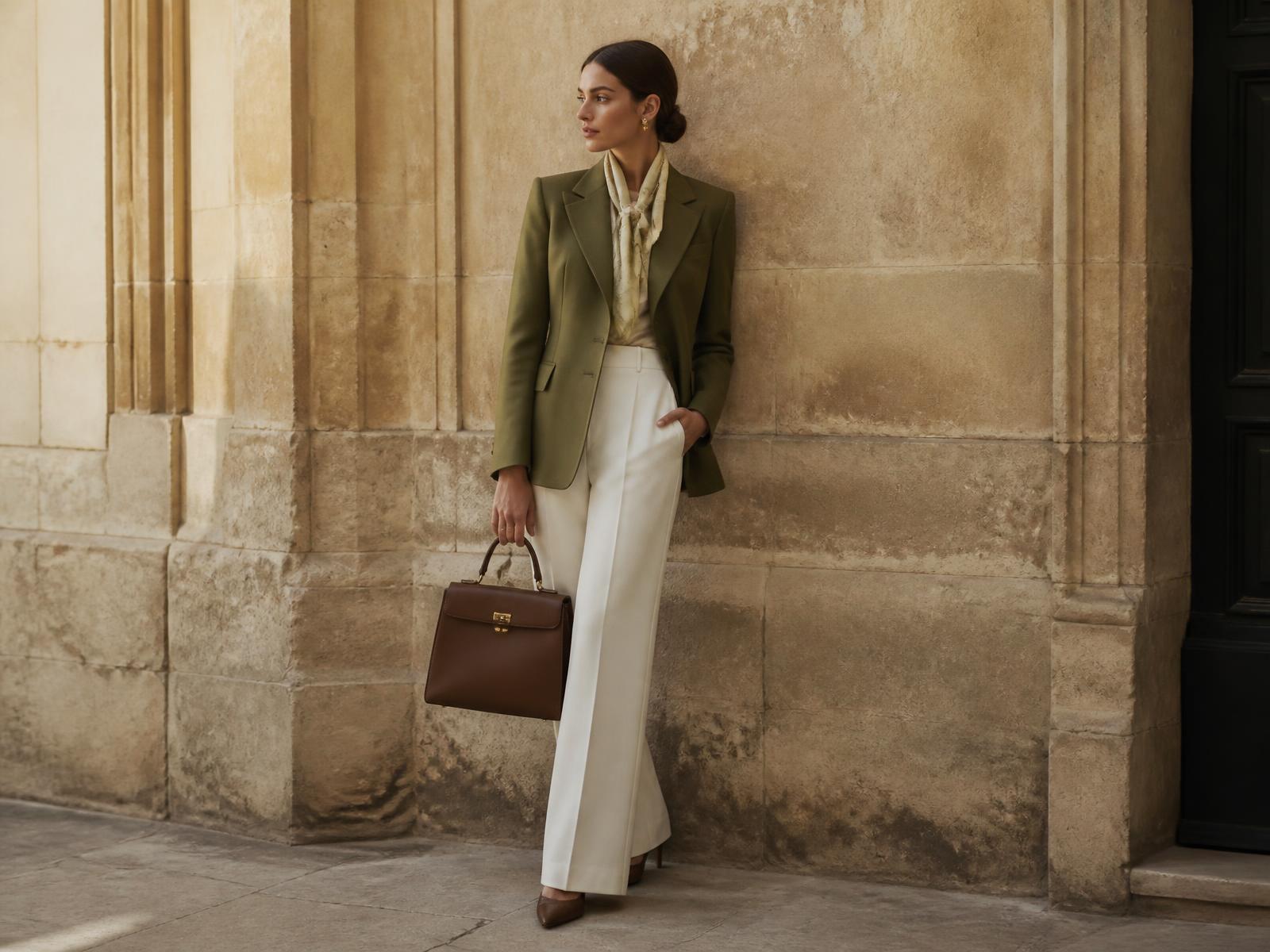 Model wearing an olive green blazer, silk scarf and leather bag